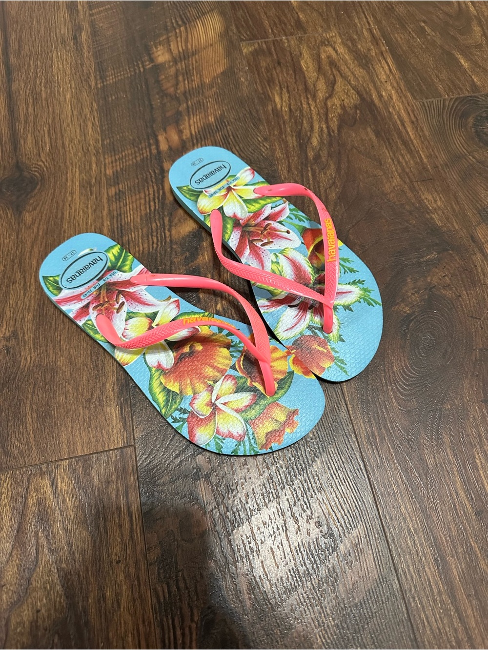 Havaianas Floral Flip Flops with Blue Footbed and Pink Straps
